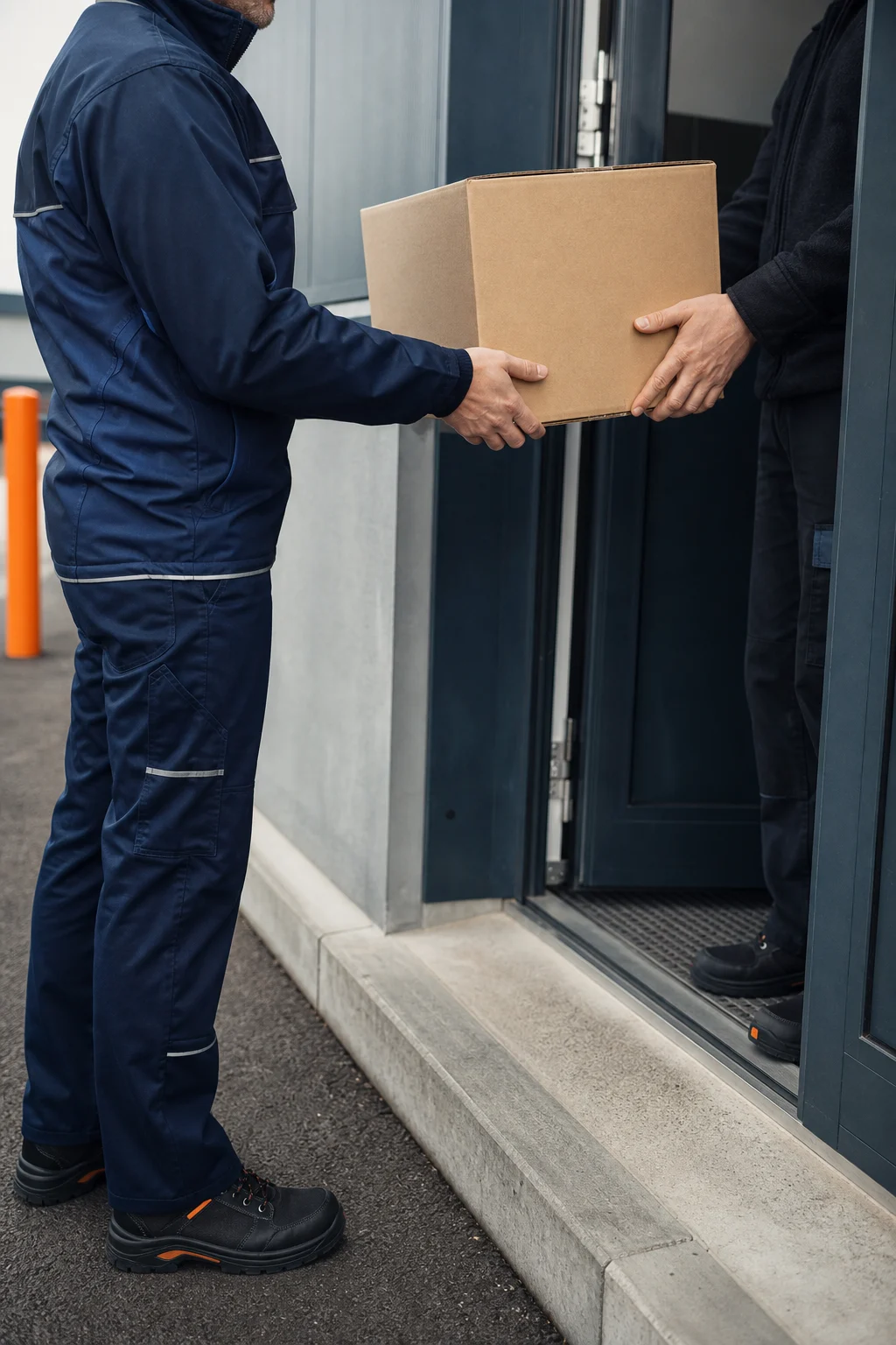 Sorgfältige Übergabe eines Pakets an einem Geschäftsstandort