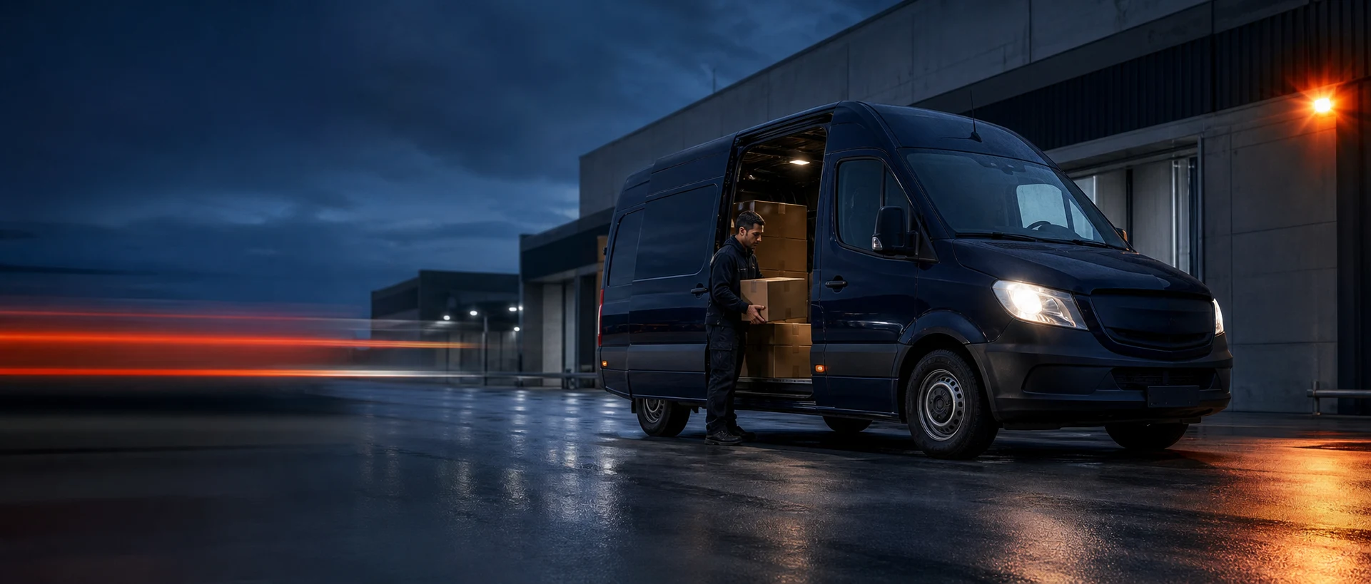 Kurier belädt einen Transporter bei Nacht